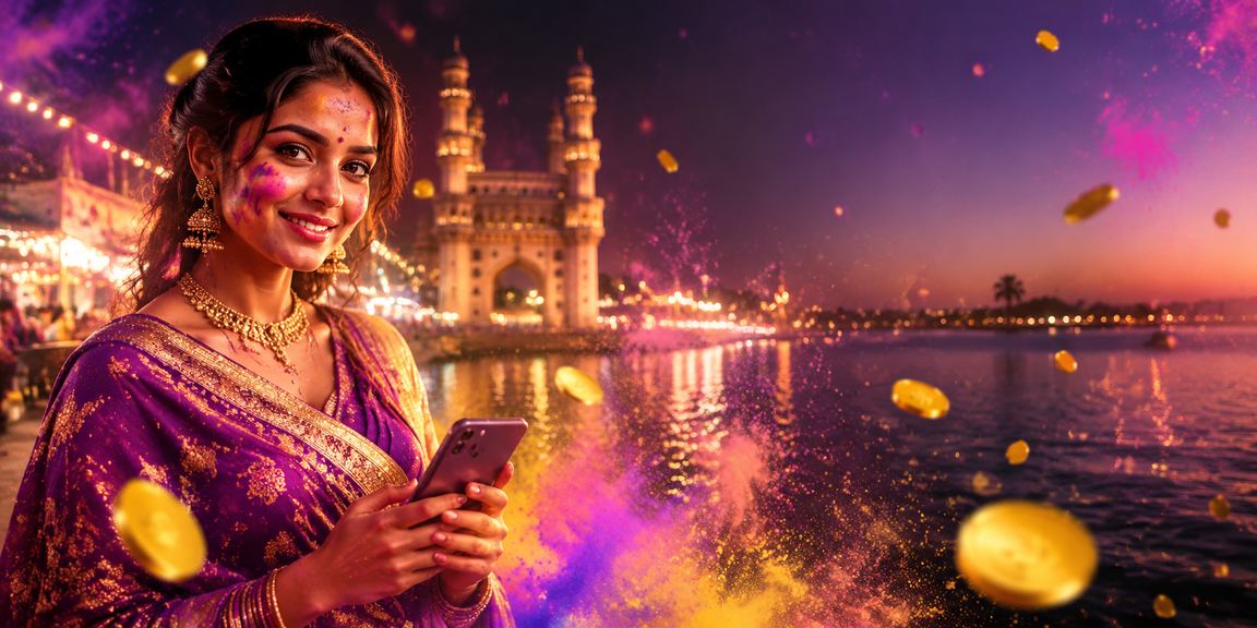 Happy bettor using mobile at Hyderabad Charminar during Holi festival